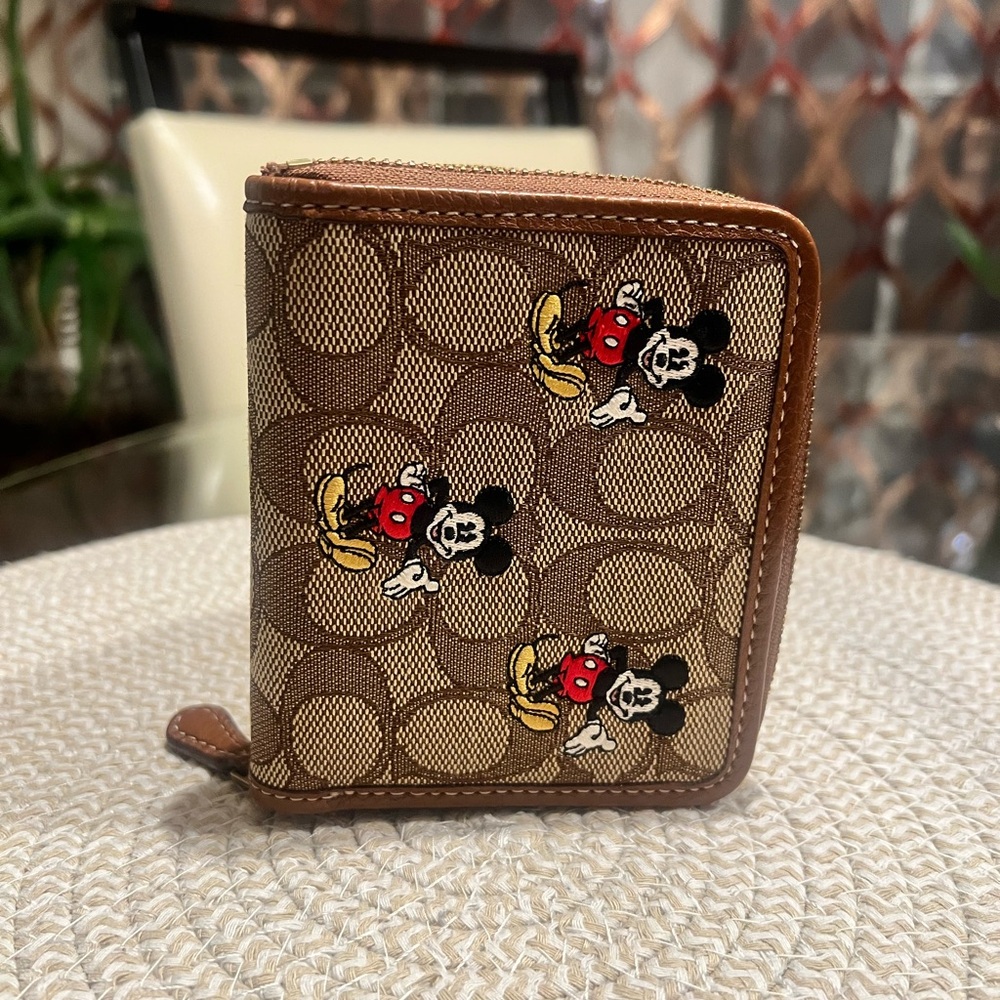 Coach Mickey Mouse Zip Wallet in Brown/Tan with Gold Hardware